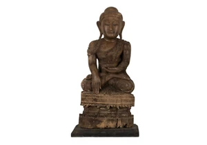 Eine Geschnitzte Holzfigur Buddha in Padmasana auf Thron Sitzend , Burma 20. Jh. - Bild 1 von 12