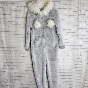 Hodge&Hodge Women's Fleece One Piece Pyjamas Grey Faux Fur Hood Sherpa S - Picture 1 of 13