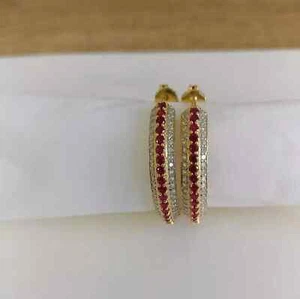 2Ct Round Lab-Created Ruby Huggies Hoop Earrings 14K Yellow Gold Plated - Picture 1 of 3
