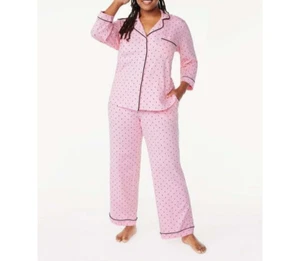 Joyspun Pajama Set Womens Small Pink Polka Dot Cotton Stretch Notch Collar 2-Pcs - Picture 1 of 4
