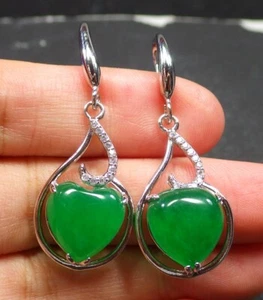 White Gold Plate Icy Green JADE Earrings Earring Heart Diamond Imitation 322621 - Picture 1 of 7