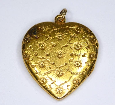 Antique Higher Solid Gold Heart Shaped Locket w Engraved Floral Pattern - Image 1 of 4