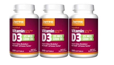 Jarrow Formulas® Vitamina D3, 25 mcg, 1000 UI, 200 Cápsulas Blandas (paquete de 3) Foto 1 de 4