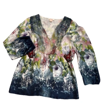 Sundance 100% шелк верхний женский размер маленький блузка с длинным рукавом v-образным вырезом с подкладкой цветочный - Изображение 1 из 4