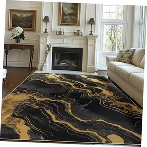 8x10 Area Rug Black Gold Abstract Marble Rug for Living Room Indoor Machine  - Picture 1 of 8