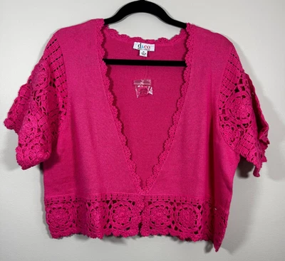 Denim & Co Open Crop Sweater Lace Trim Bolero Shrug Cardigan Bright Pink  XL - Image 1 of 4