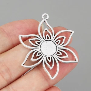 10Pcs Antique Silver Open Flower Blanks Cabochon Trays Charms Pendant 10mm Round - Picture 1 of 5