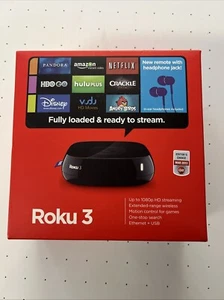 Roku 3 4200R 1080p HD Media Streamer | Black w/ Remote & AC Cord / Ear Buds - Picture 1 of 4