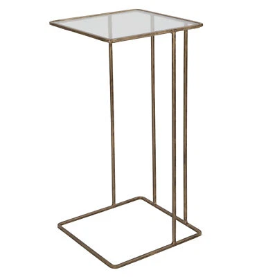 Elegant Minimalist Petite Forged Gold Metal Accent Table Square Glass Top Drink - Image 1 of 4