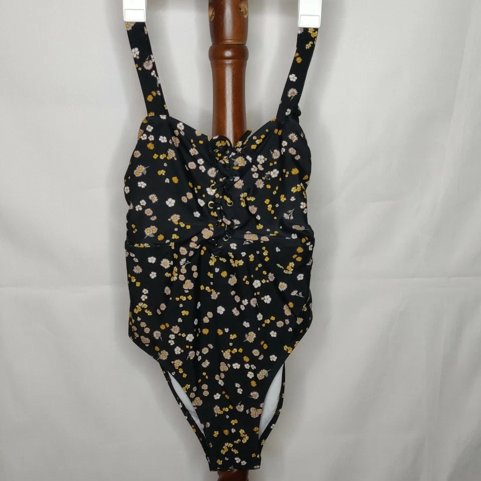 Xhilaration Mujer M Forrado Una Pieza Traje De Baño Negro Floral Ajustar Corbata Delantera Foto 1 de 4