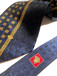 VERSACE VINTAGE '10s GREEK KEY MEDUSA HEAD TIE JACQUARD WOVEN ITALY DARK BLUE - Picture 1 of 17