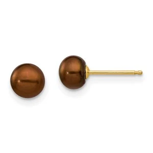 Chocolate Brown Freshwater Cultured Button Pearl Post Earrings in Real 14k Yello - Picture 1 of 7