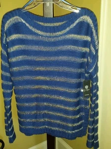 Jessica Simpson Damenpullover blau silber gestreift neu mit Etikett - Bild 1 von 6