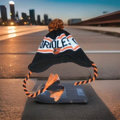 BALTIMORE ORIOLES ADULTS WINTER HAT WITH TIE STRINGS & POOF BALL - Image 1 of 2