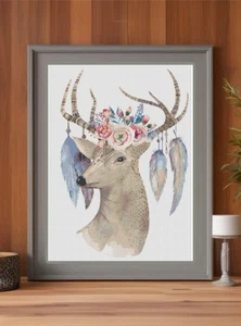 Shabby Chic Hirsch & Federn Landhausstil Kreuzstich Mustertabelle - Bild 1 von 2