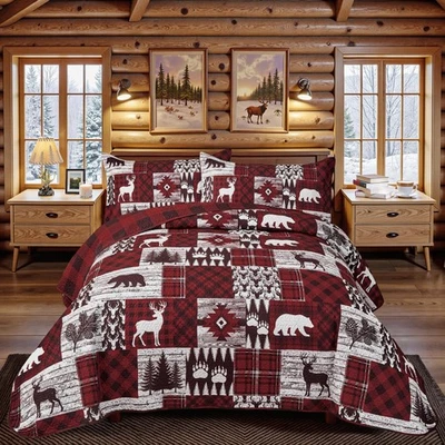 3 Piece Cabin Full/Queen Quilt Sets Christmas Rustic Reversible Microfiber So... - Image 1 of 4
