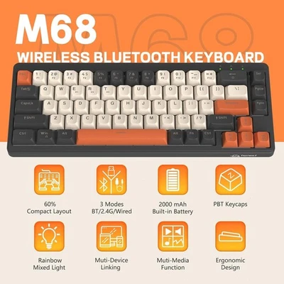 FREEWOLF M68 60% Wireless Tri-Mode BT/2.4GHz/ Wired Membrane Silent Keyboard - Image 1 of 4