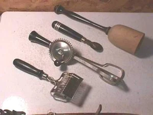 4 Old Black Wood Handle Utensils Beater Cutters Masher - Picture 1 of 2