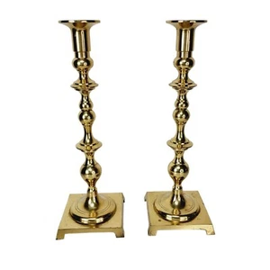 MCM Vintage B. Altman Pair of Polished Brass Spindle Tapered Candlestick Holders - Picture 1 of 11