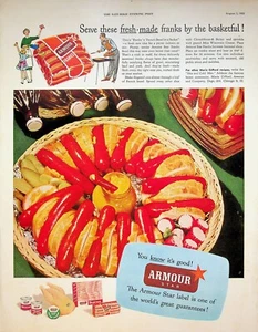 1953 Armour Star Franks Vintage 1950s Print Ad Fresh-Made Basketful Mustard Buds - Picture 1 of 2