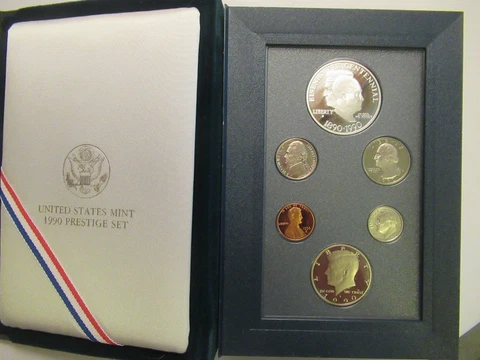 1990 US Mint Prestige Set, 6 coins, Eisenhower Proof Silver Dollar, COA Cover