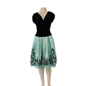 S.L Fashions Womens Dress 10 Black Teal Green SS Stretch Deep V Knee Length - Picture 1 of 10