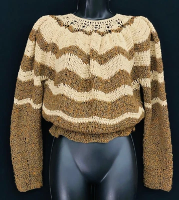 Suéter vintage años 70 marrón tostado a rayas, chevron crop victoriano encaje de gran tamaño Foto 1 de 4