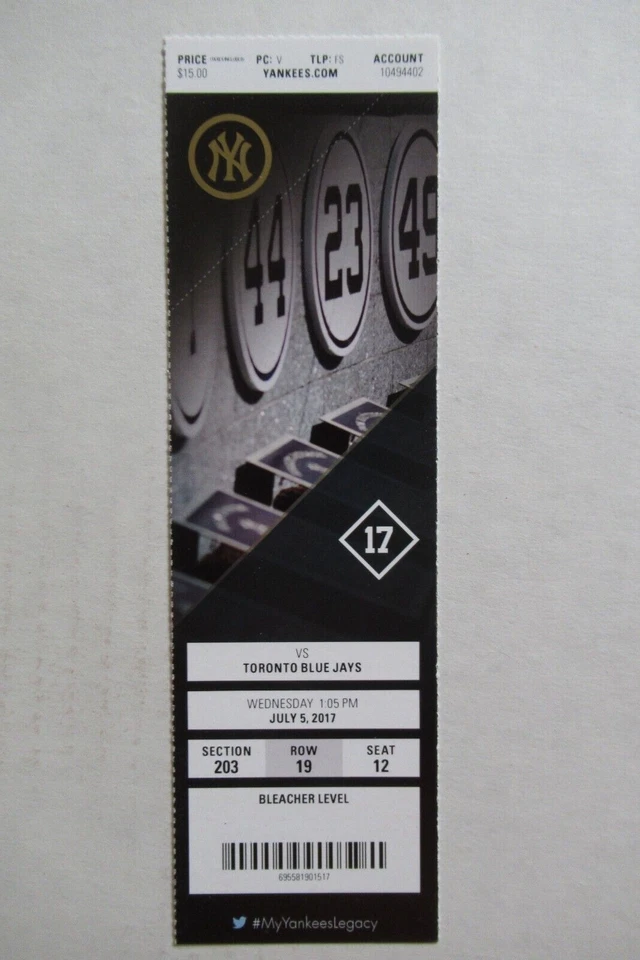 NEW YORK YANKEES VS TORONTO BLUE JAYS 7/5/2017 FULL TICKET ~ AARON JUDGE HR - Image 1 of 1