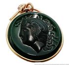 Vintage Carved Simulated Green Jade Cameo Gold Pendant Pocket Watch Fob Charm