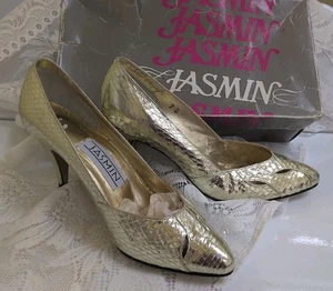 Vintage Jasmin 70s Disco Gold Foil Snake Heels Shoes UNWORN Original Box SZ 7B - Picture 1 of 20