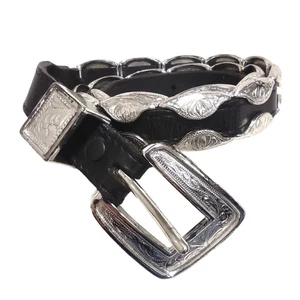 Vintage Justin Boots Black Leather w/Silver Concho Western Belt Womens Size 30 - Picture 1 of 7