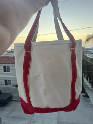 Lands End cream red canvas open 5-pocket tote bucket bag shopping preppy - Image 1 of 4