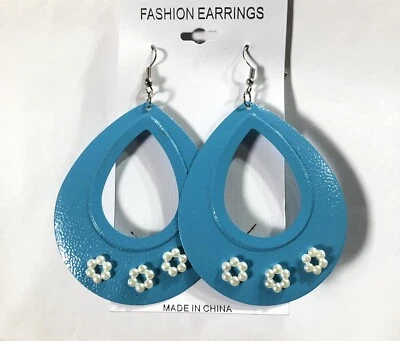 Casual Chic Blue White Pearl Flower Teardrop Hoop Earrings Fashion Jewelry (A)71 - Image 1 of 4