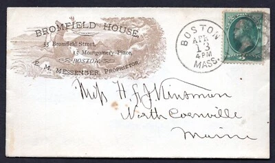 US 1870s ADVERTISING BROMFIELD HOUSE BOSTON, MASS. COVER FRANKED 3c WASHINGTON - Image 1 of 2