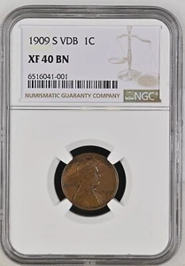 1909 S Small Cents Lincoln, Wheat Ears Reverse NGC XF-40 BN - Picture 1 of 2