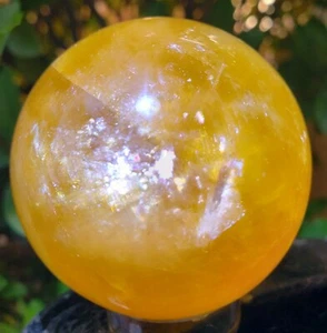 2.3" Honey Yellow Calcite Quartz Crystal Sphere Ball Orb Rainbows Star, 306g - Picture 1 of 17