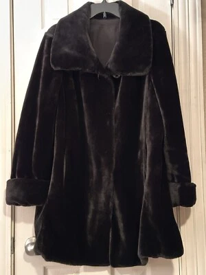 Gallery 复古黑色人造毛皮双面大衣坑 22 英寸长 33 英寸女式 L — 第 1/4 张图片