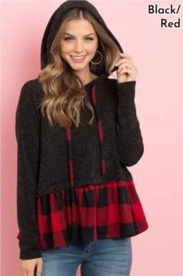 New Buffalo Plaid Peplum Hooded Size Medium - Image 1 of 2