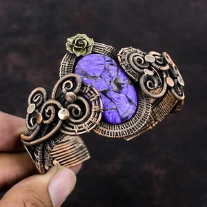 Russian Charoite Copper Gift For Bridesmaid Wire Wrapped Flower Adjustable Cuff - Picture 1 of 6