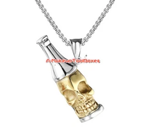 Mens Stainless Steel Gothic Biker Beer Bottle Skull Pendant Chains Necklace J676 - Picture 1 of 2