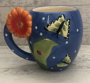 Pier 1 Imports Beautiful Blue Flower Butterfly Ladybug Coffee Cup Mug - Picture 1 of 10