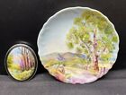 CHINA PAINTER JEAN GORE LANDSCAPE DISH & CAMEO MOUNTED IN STERLING SILVER FRAME.