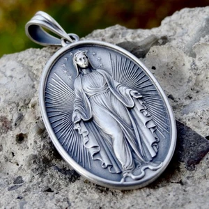 Mother of God Sterling Silver 925 Pendant Virgin Mary Oval Religious Jewelry - Picture 1 of 4