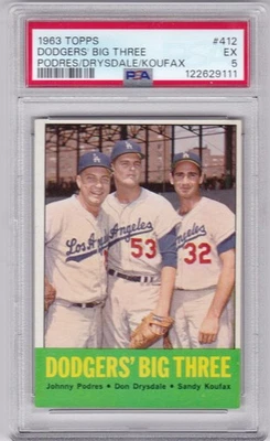 PD: 1963 Topps BB Card 412 Dodger's Big Three Koufax, Drysdale, Podres - PSA 5 Foto 1 de 2