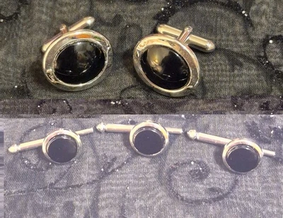 5 piezas Conjunto de gemelos negros Swank Silvertone vintage con 3 botones de camisa Foto 1 de 3