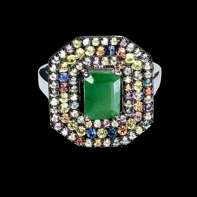 925 Sterling Silver Ring Octagon Emerald 8x6mm Sapphire Gemstone Jewelry Size 8 - Image 1 of 4
