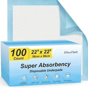 100 Count 22" X 22" Super Absorbency Disposable Underpads, Leakproof Quick - Picture 1 of 3