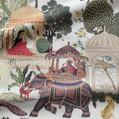 Regalia Indian Fabric White Cotton with  Mughal Scene – Elephant & Horse Print - Image 1 of 4