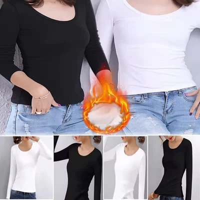 Camisa base feminina térmica inverno manga longa veludo alemão aquecimento fibra - Imagem 1 de 4