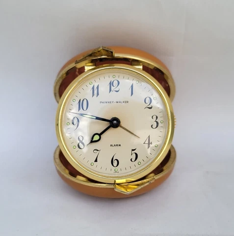 VINTAGE  PHINNEY WALKER Travel Wind-Up Alarm Clock Round Face Test WORKING Japan Cover